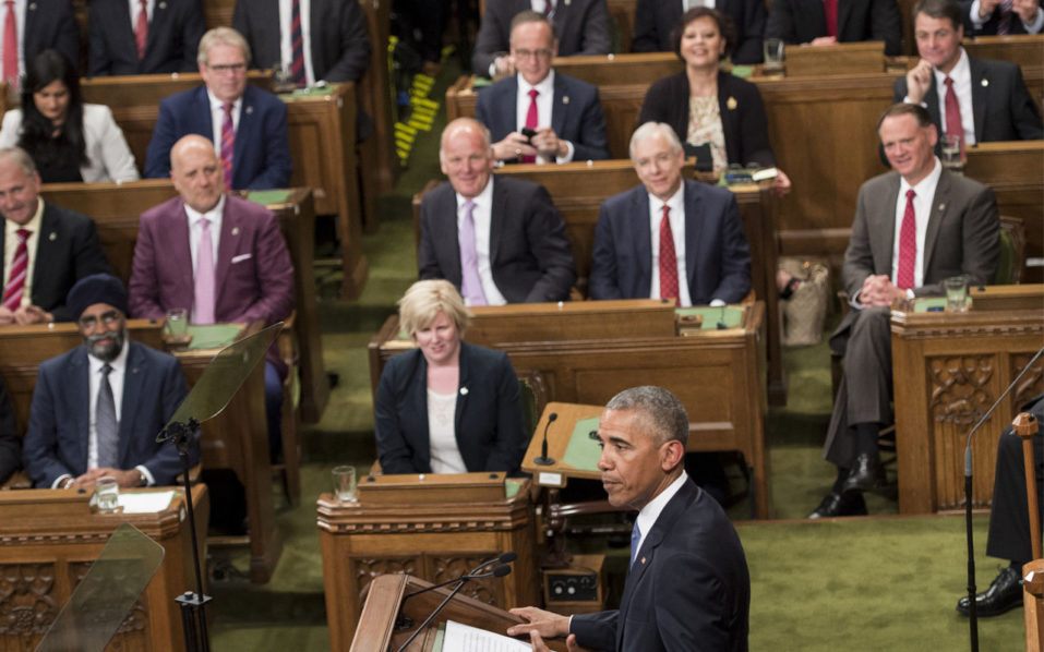 US President Barack Obama addresses Parliament in the House of Commons Chamber on Parliament Hill while attending the North American Leaders Summit