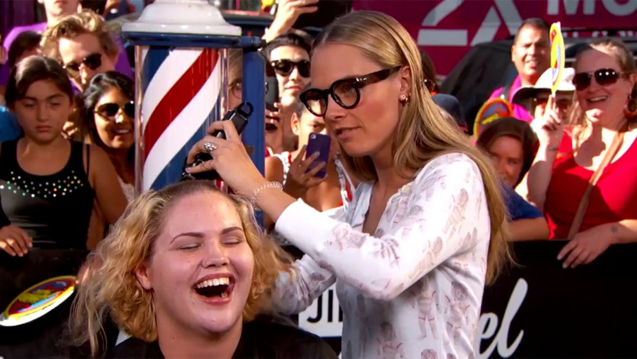 Cara Delevingne shaving Grace's head on 'Jimmy Kimmel Live!&#039                  Screengrab  ABC