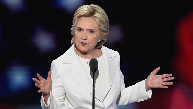 Democratic presidential nominee Hillary Clinton addresses delegates at the Democratic National Convention