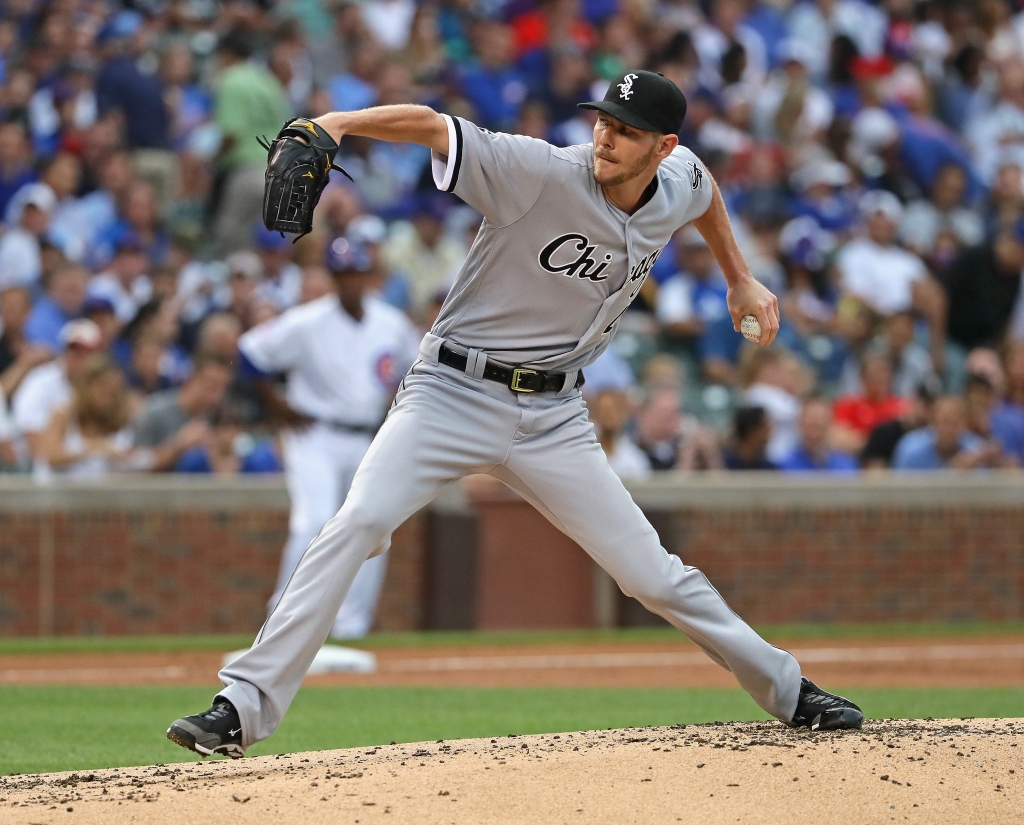 CHICAGO IL- JULY 28 Starting pitcher Chris Sale #49 of the Chicago White Sox delivers the ball against the Chicago Cubs at Wrigley Field