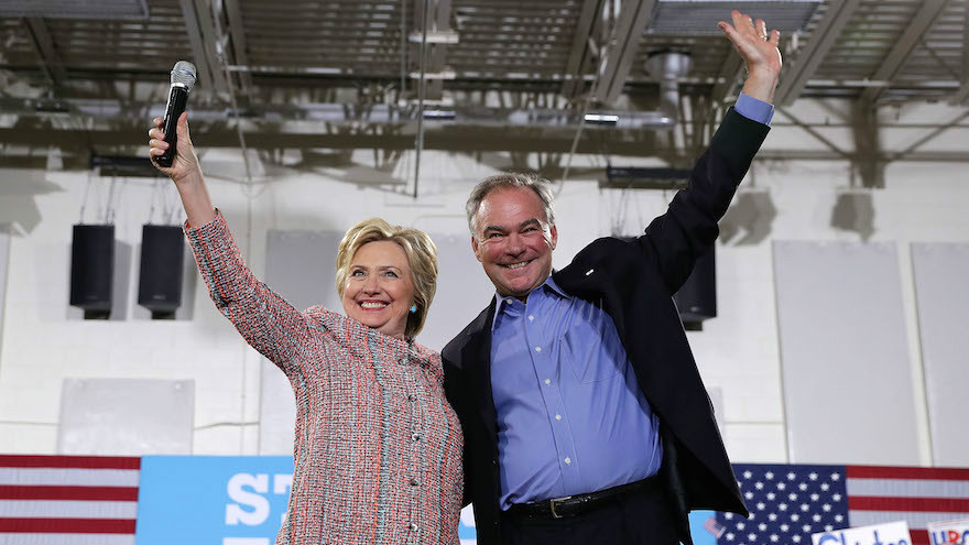 Hillary Clinton and Sen. Tim Kaine D-Virginia her choice for vice president at a Clinton campaign event in Annandale Virginia