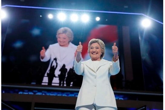 Democratic presidential nominee Hillary Clinton gives her thumbs up as she appears on stage during the final day of the Democratic National Convention in Philadelphia Thursday