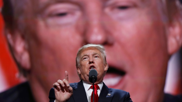 Donald Trump speaks during the final day of the Republican National Convention in Cleveland. The convention helped boost his poll numbers