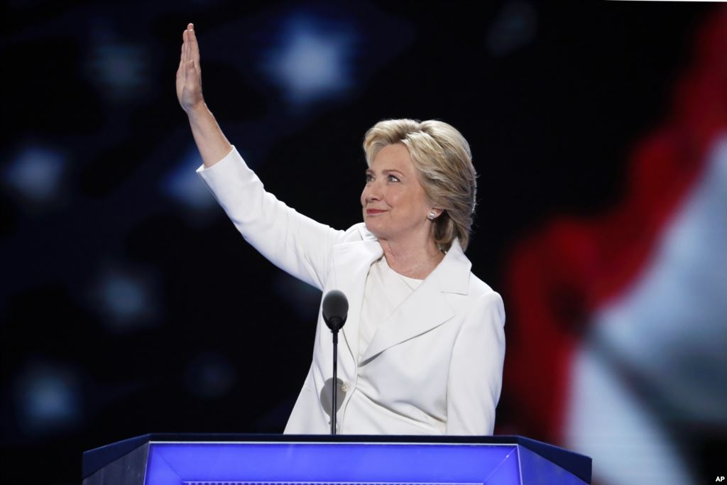 Democratic presidential nominee Hillary Clinton waves to delegates before speaking during the final day of the Democratic National Convention in Philadelphia