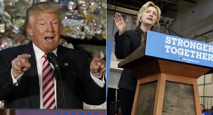 Republican presidential candidate Donald Trump left and Democratic presidential candidate Hillary Clinton right give economic policy speeches in Pennsylvania and Ohio respectively