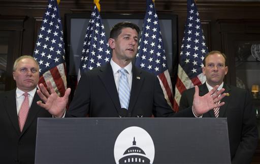 House Speaker Paul Ryan of Wis. flanked by House Majority Whip Steve Scalise of La. left and Rep. Lee Zeldin R-N.Y. right tells reporters it looks like Hillary Clinton got preferential treatment from the FBI in its investigation of the former secreta