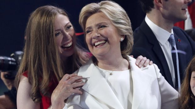 Chelsea Clinton shares a moment on stage with her mother Democratic presidential nominee Hillary Clinton during the