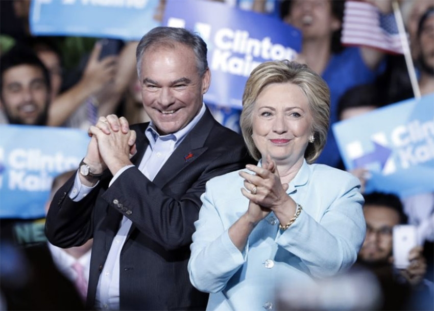 Democratic presidential candidate Hillary Clinton with Sen. Tim Kaine D-Va. at a rally at Florida