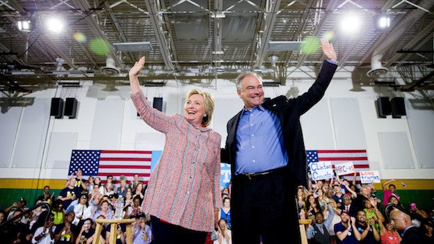 Hillary Clinton and Tim Kaine participate in a rally at Northern Virginia Community College in Annandale Virginia on July 14