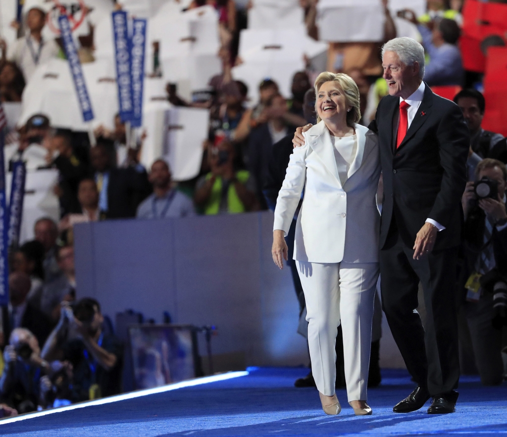 Democratic Nominee for President Hillary Clinton and former US President Bill Clinton on stage during final day of the Democratic National Convention at the Wells Fargo Center in Philadelphia