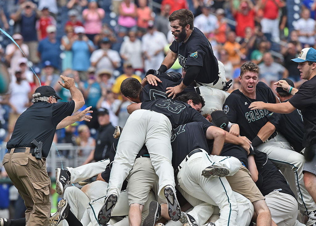 Omaha NE- JUNE 30 of the Coastal Carolina Chanticleers of the Arizona Wildcats in the first inning during game three of the College World Series Championship Series