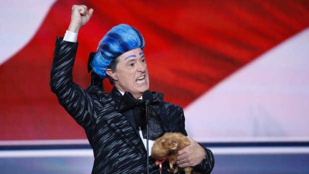 Comedian Stephen Colbert clowns around onstage at the Republican National Convention in Cleveland