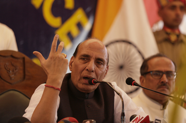 Indian Home Minister Rajnath Singh addresses a press conference in Srinagar Indian controlled Kashmir Sunday July. 24