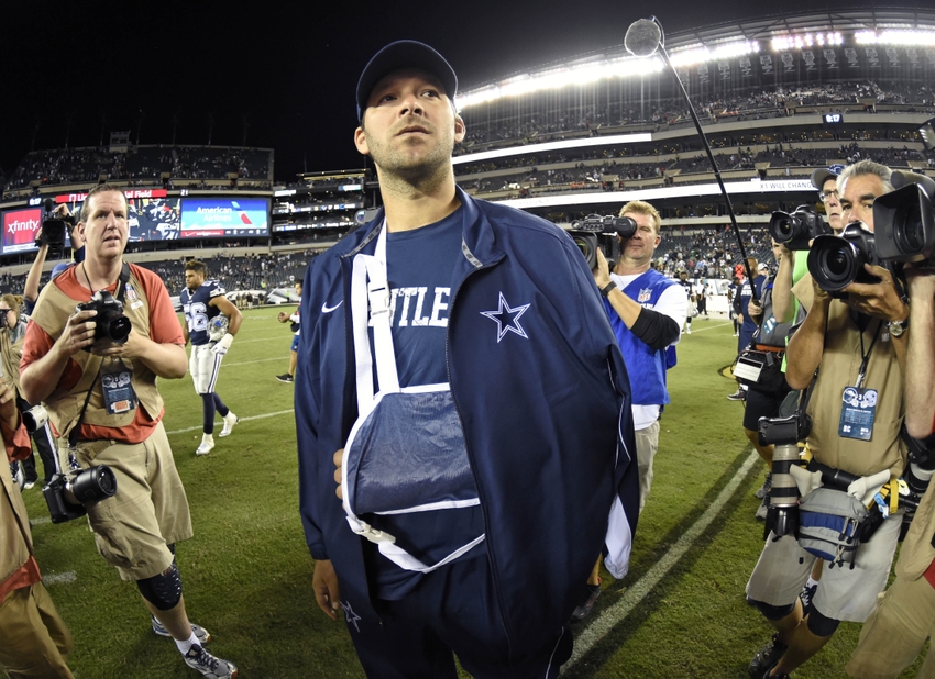 Sep 20 2015 Philadelphia PA USA Dallas Cowboys quarterback Tony Romo on the field after game against the Philadelphia Eagles during the second half at Lincoln Financial Field. Romo left the game with an injury. The Cowboys defeated the Eagles 20