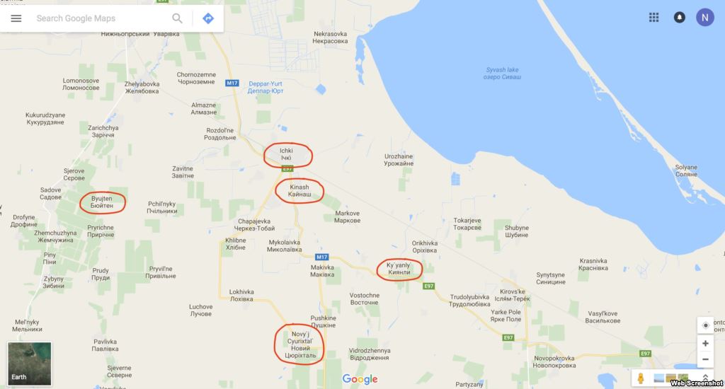 Crimea  Ukraine- Screenshot of Google map of Crimea with changed Soviet names of some villages 28Jul2016