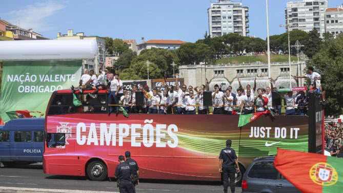 LISBON PORTUGAL- JULY 11 Bus Carring the Portuguese National team during the Portugal Euro 2016 Victory