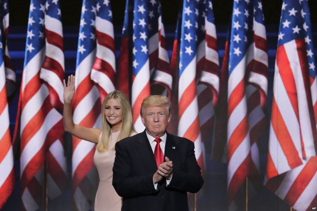 Ivanka Trump daughter of Republican presidential nominee Donald J. Trump waves as she walks off stage after introduction her father during the final day of the Republican National Convention in Cleveland