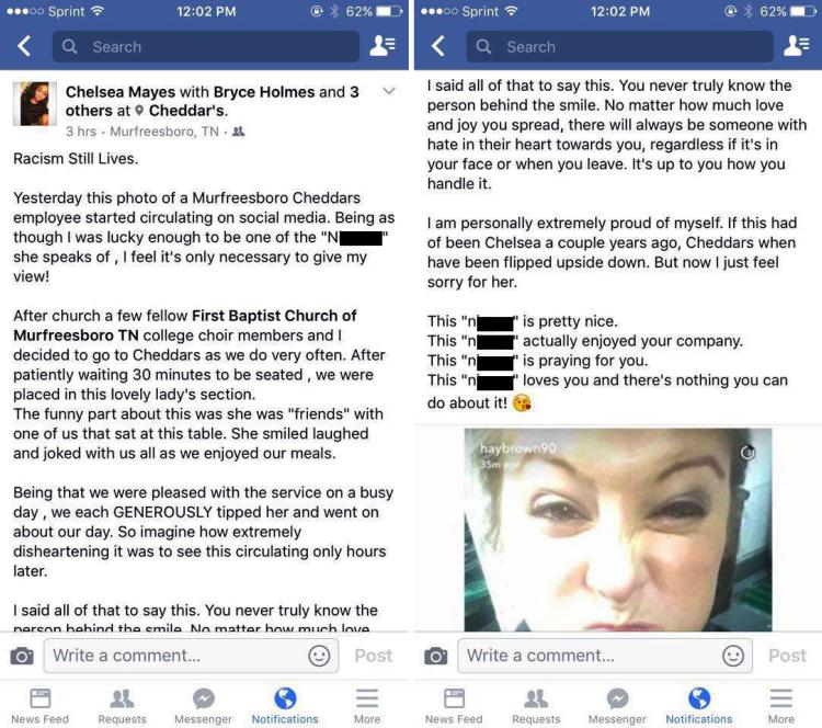 Racist remarks posted by a Cheddar's waitress on Snapchat after serving Chelsea Mayes and her friends at the Cheddar's restaurant in in Murfreesboro Tenn