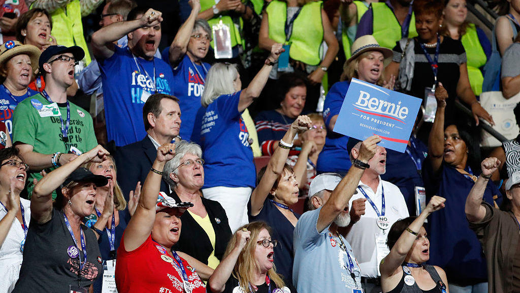 Bernie Sanders supporters chanted his name and booed at mentions of Hillary Clinton during the first day of the Democratic National Convention on July 25 in Philadelphia