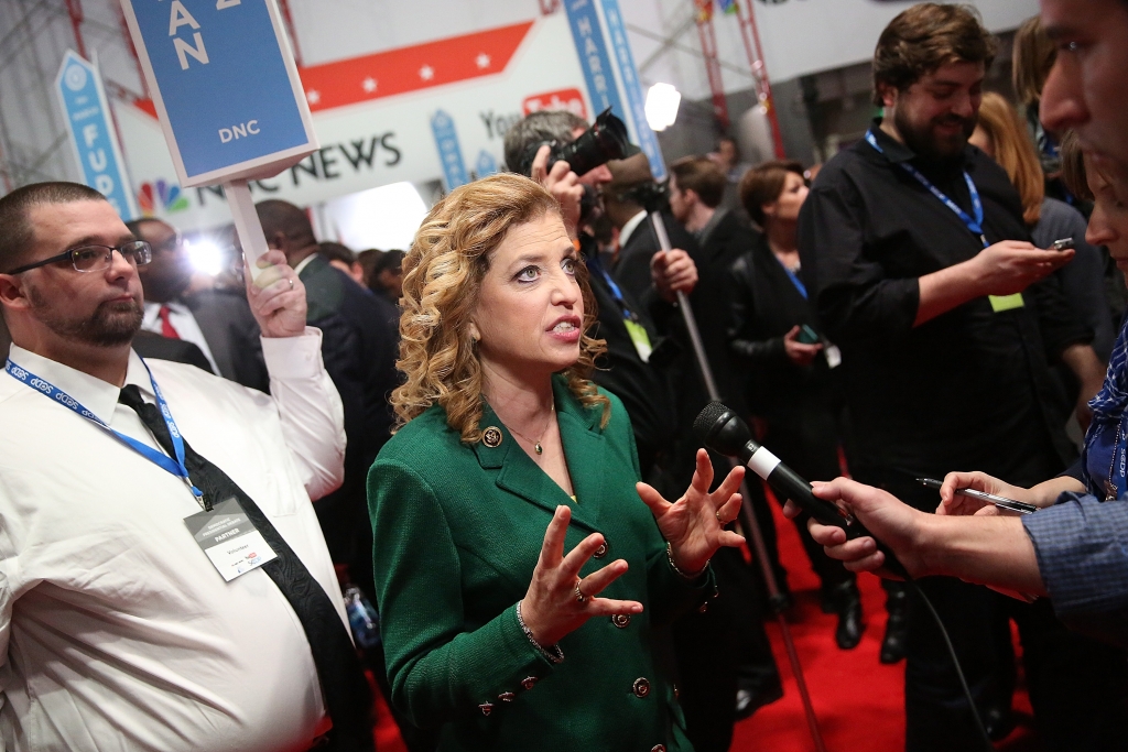 U.S. Representative Debbie Wasserman Schultz and chair of the Democratic National Committee speaks to reporters in the spin room after watching tonight's democratic presidential debate at the Gaillard Center on January 17