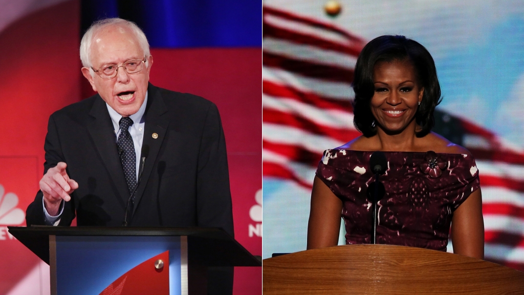 Sen. Bernie Sanders participates in the Democratic candidates debate on Jan. 17 2016 in Charleston South Carolina left first lady Michelle Obama introduces President Barack Obama during the final day of the Democratic National Convention September 6