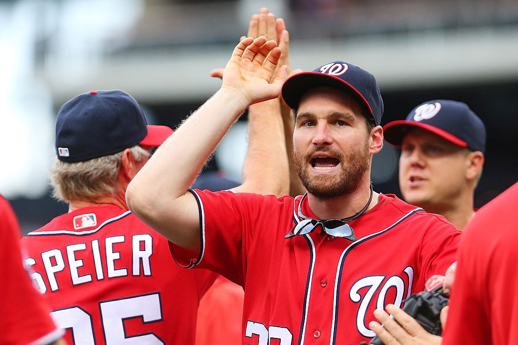 Daniel Murphy #20 of the Washington Nationals celebrates after defeating the New York Mets