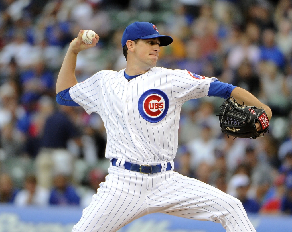 Chicago Cubs starting pitcher Kyle Hendricks throws against the Texas Rangers during the first inning of an interleague baseball game Friday