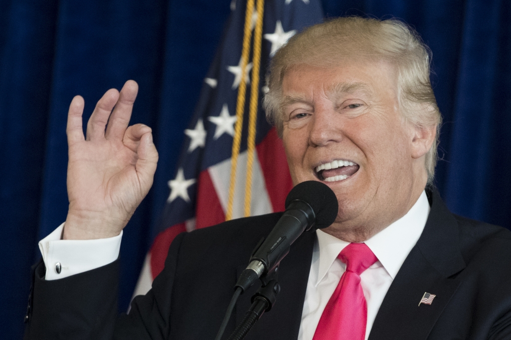 Republican presidential candidate Donald Trump speaks during a news conference at Trump National Doral Wednesday