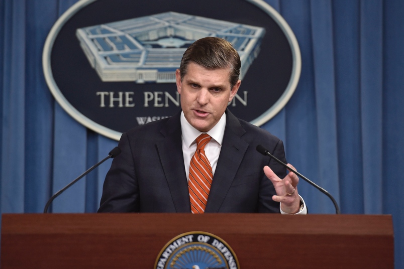 Pentagon Press Secretary Peter Cook conducts a press briefing with reporters at the Pentag