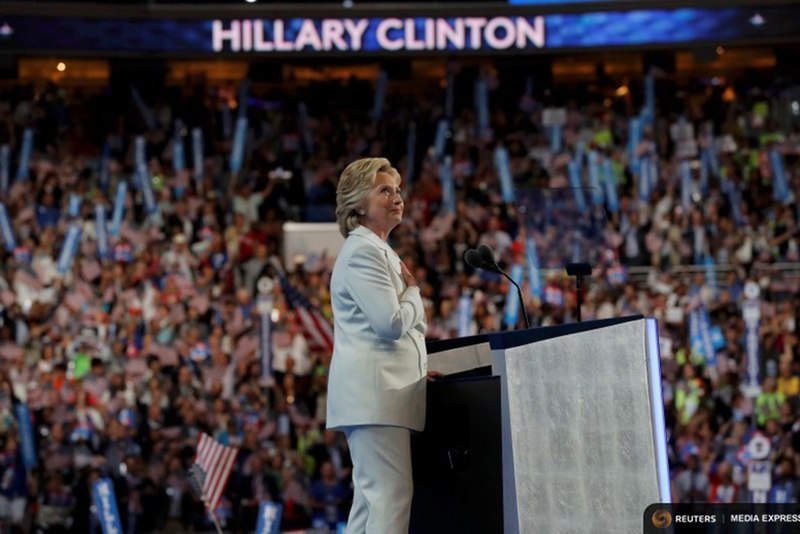 Democratic U.S. presidential nominee Hillary Clinton pust her hand on her heart as she delivers her nomination acceptance speech on the fourth and final night at the Democratic National Convention in Philadelphia Pennsylvania