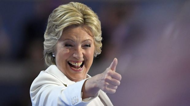 Democratic presidential nominee Hillary Clinton give a thumbs up after taking the stage in Philadelphia