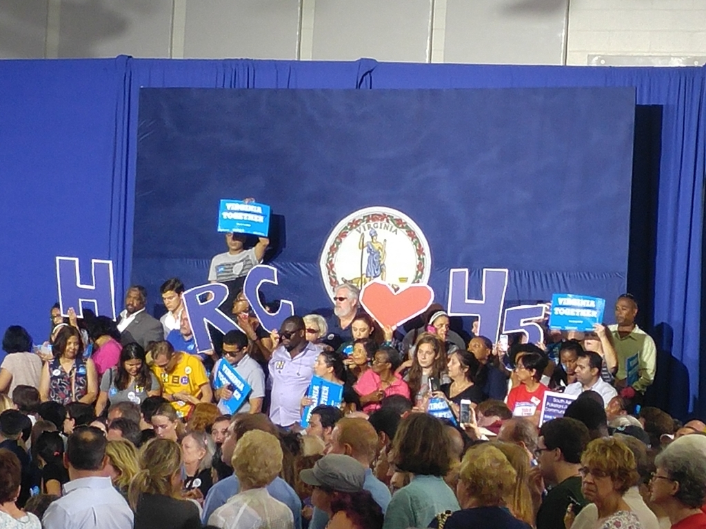 Democratic supporters show their love for Hillary Clinton during a campaign rally at a Northern Virginia community college