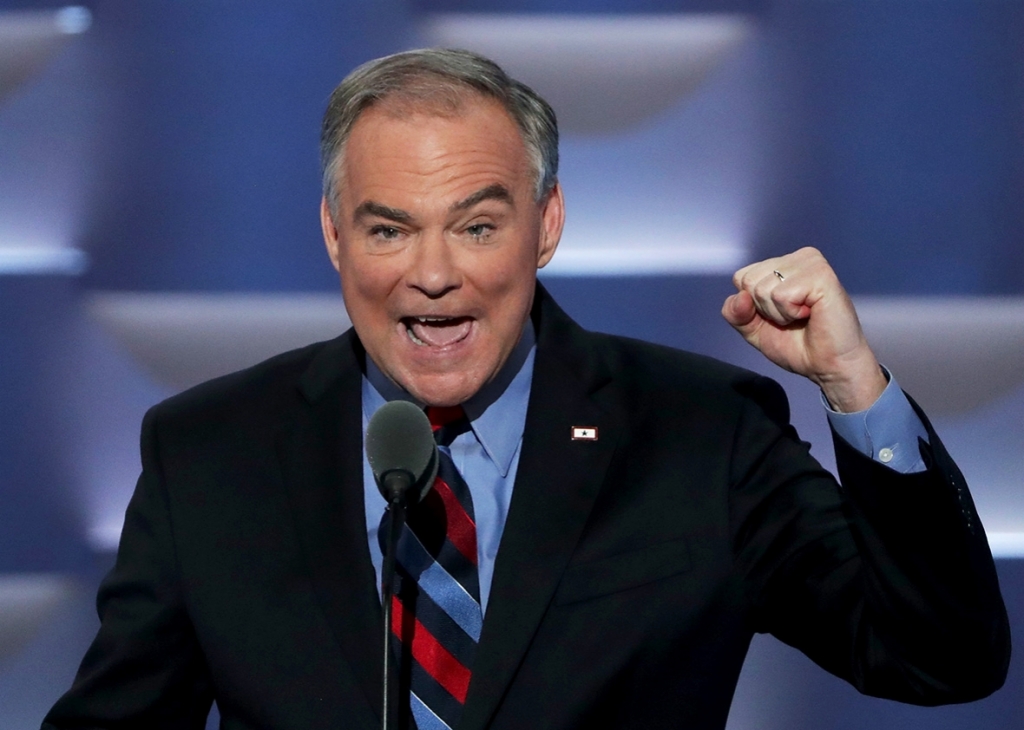 US Vice President nominee Tim Kaine delivers remarks on the third day of the Democratic National Convention at the Wells Fargo Center