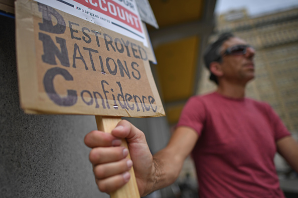 PHILADELPHIA PA- JULY 28 Demonstrators gather at Thomas Paine Plaza near City Hall on day four of the Democratic National Convention