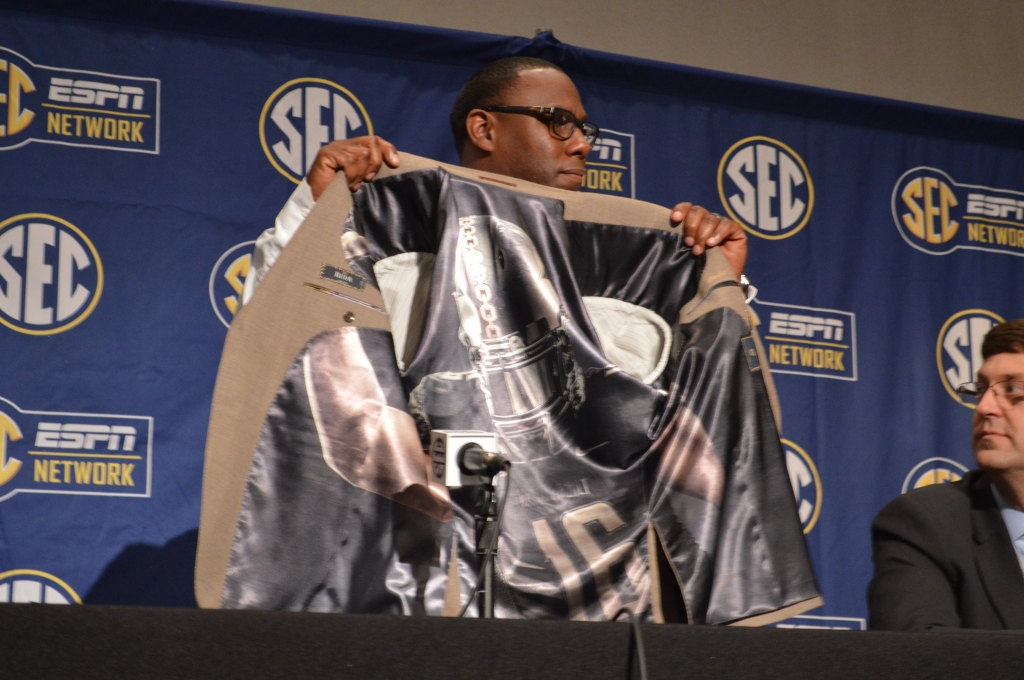 Derek Mason shows off his custom jacket