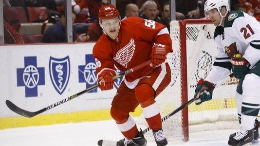 Detroit Red Wings left wing Teemu Pulkkinen left plays against the Minnesota Wild on Jan. 20 2015