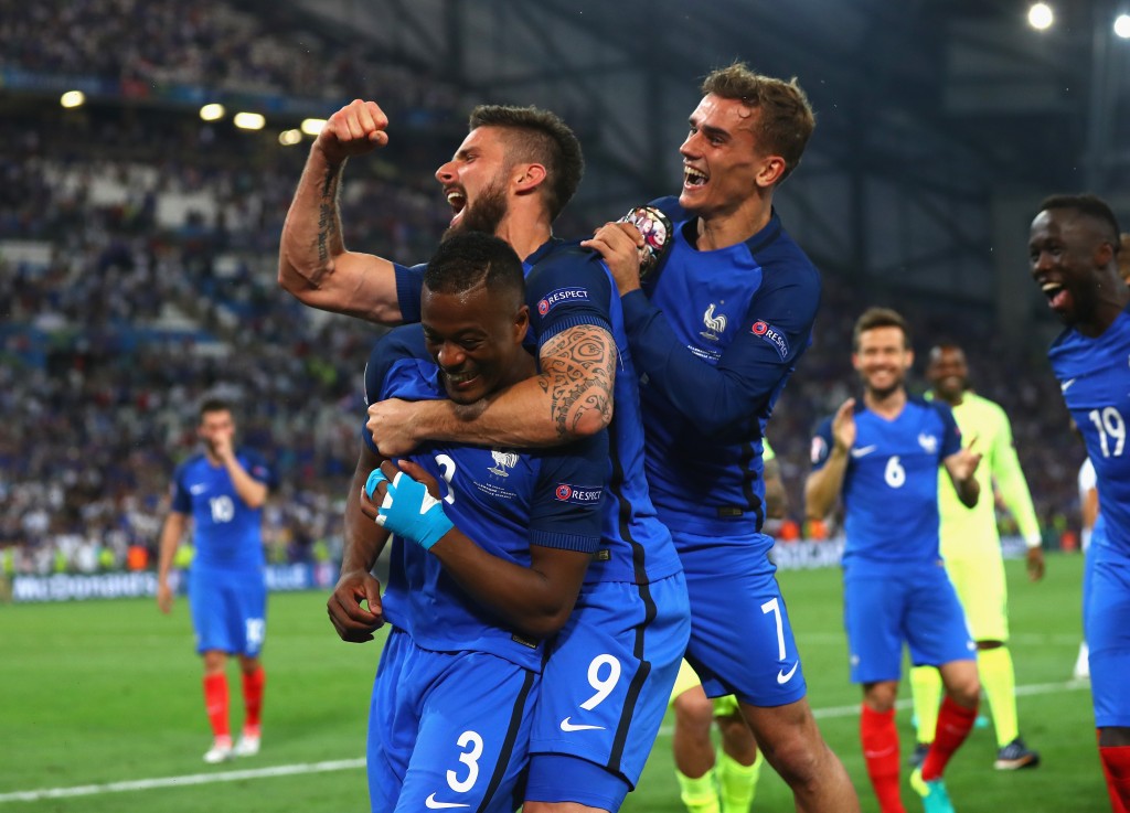 MARSEILLE FRANCE- JULY 07 Patrice Evra Olivier Giroud and Antoine Griezmannof France celebrate their team's 2-0 win in the UEFA EURO semi final match between Germany and France at Stade Velodrome