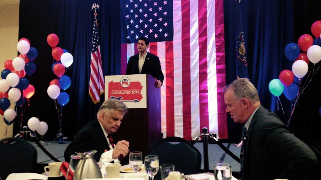 Paul Ryan is shown addressing the Pennsylvania delegation to the Republican National Convention on Monday morning. Seated at right is state House Speaker Mike Turzai