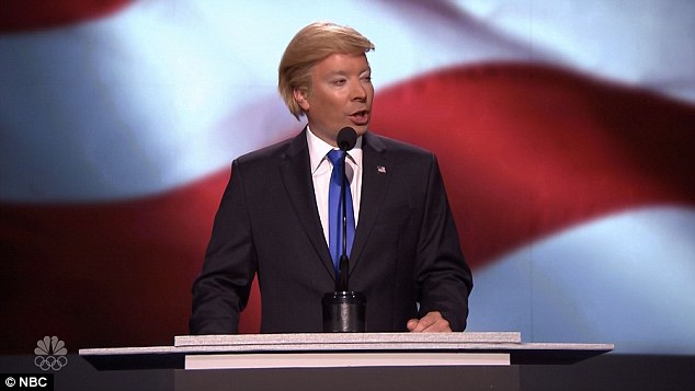 I know I wasn't supposed to be on stage tonight but our keynote speaker Alf canceled last minute' Fallon's Trump began.'Did you see Melania? he asked.'She stole the show. Literally