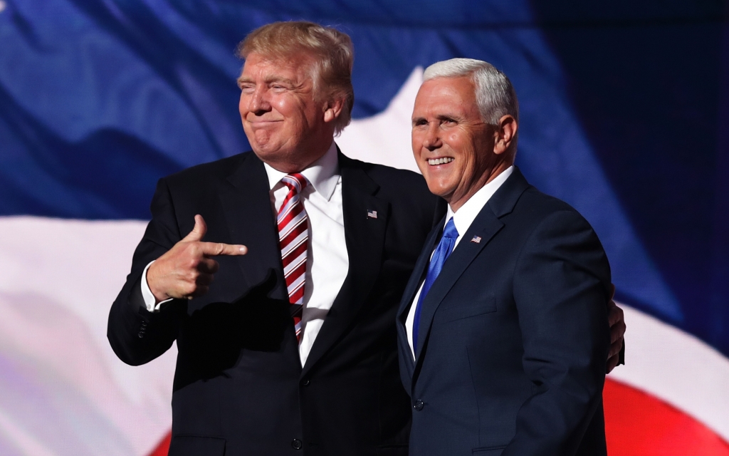 Republican presidential candidate Donald Trump stands with Republican vice presidential candidate Mike Pence and acknowledge the crowd on the third day of the Republican National Convention