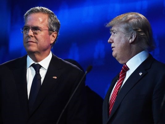 Donald Trump and Jeb Bush during a break in the CNBC Republican debate on Oct. 28 2015 in Boulder Colo