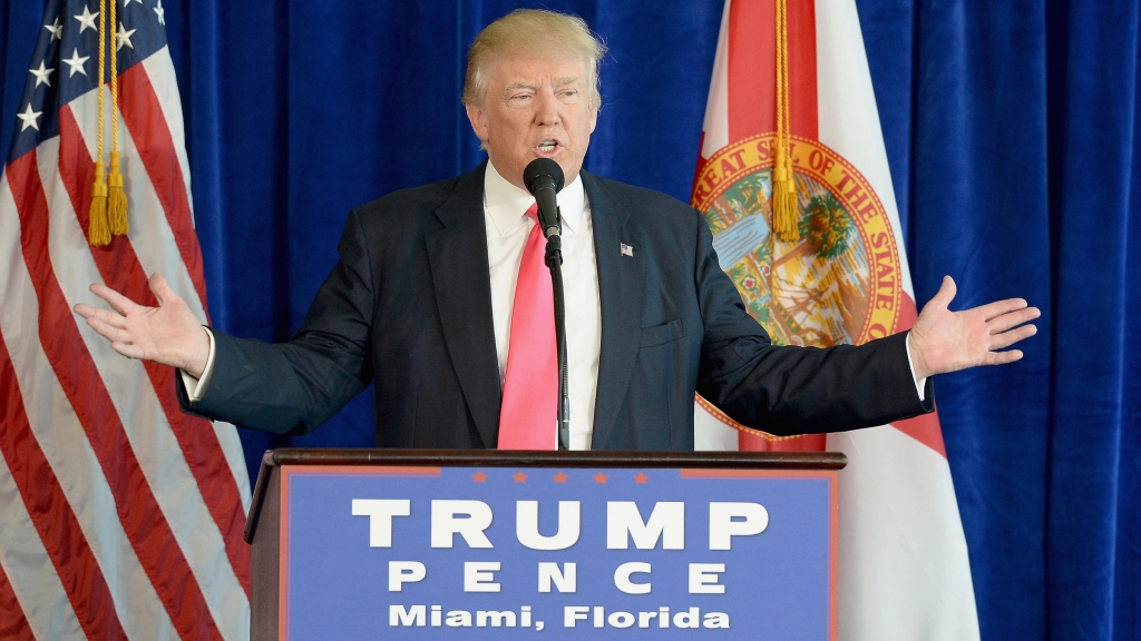 Republican presidential candidate Donald Trump holds a press conference at Trump National Doral on Wednesday in Doral Florida