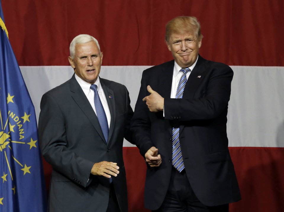 Mike Pence joins Republican presidential candidate Donald Trump at a rally in Westfield Ind. Tuesday