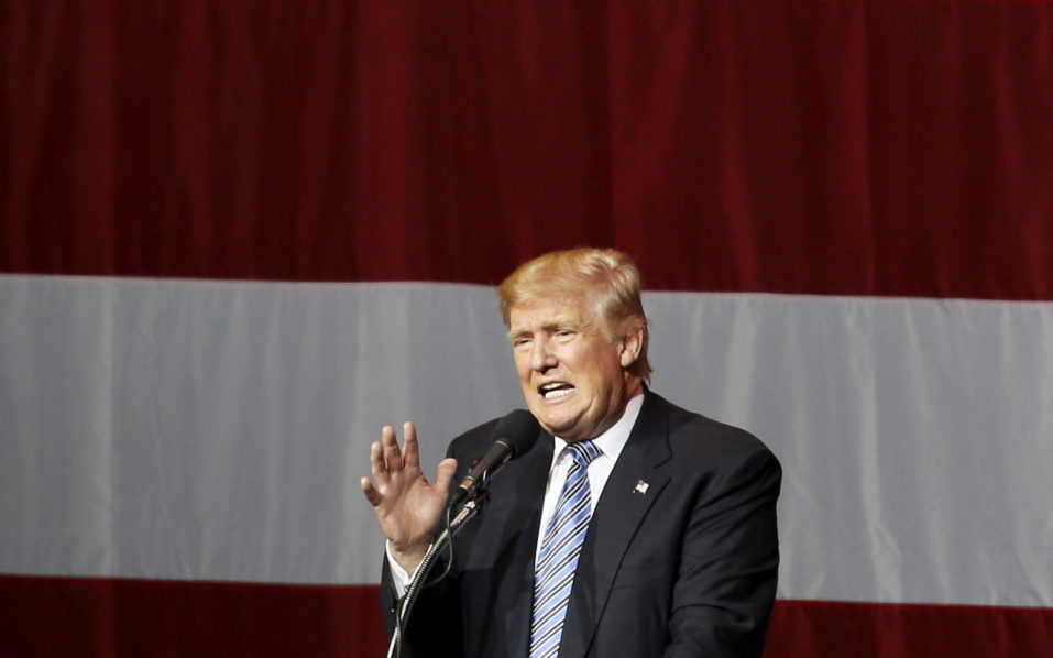 Presumptive US Republican presidential candidate Donald Trump addreses a campaign rally at Grant Park Event Center in Westfield Indiana.  AFP