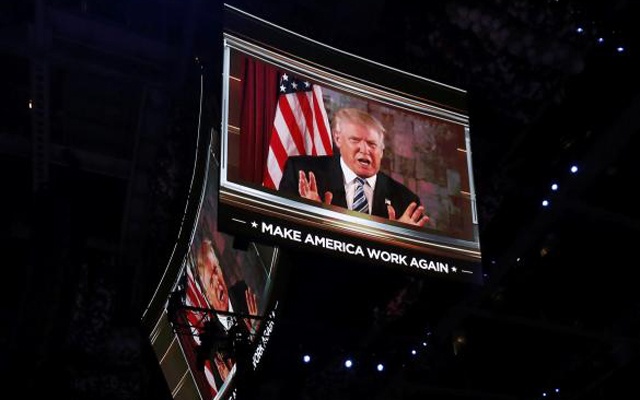 US Republican presidential nominee Donald Trump speaks in a video message to the Republican National Convention in Cleveland Ohio US