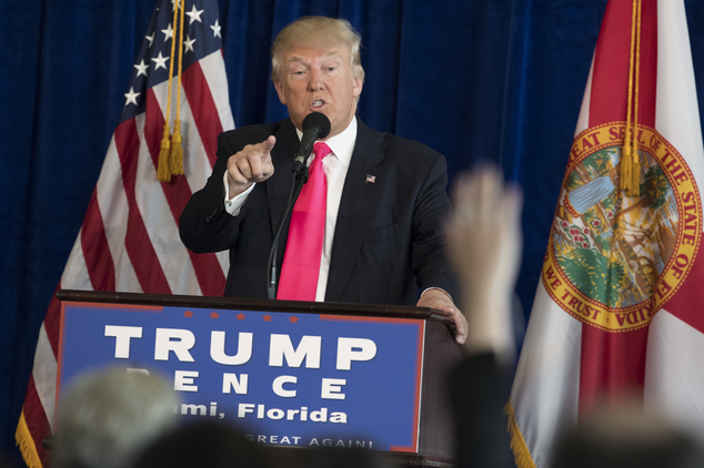 Republican presidential candidate Donald Trump speaks during a news conference at Trump National Doral Wednesday