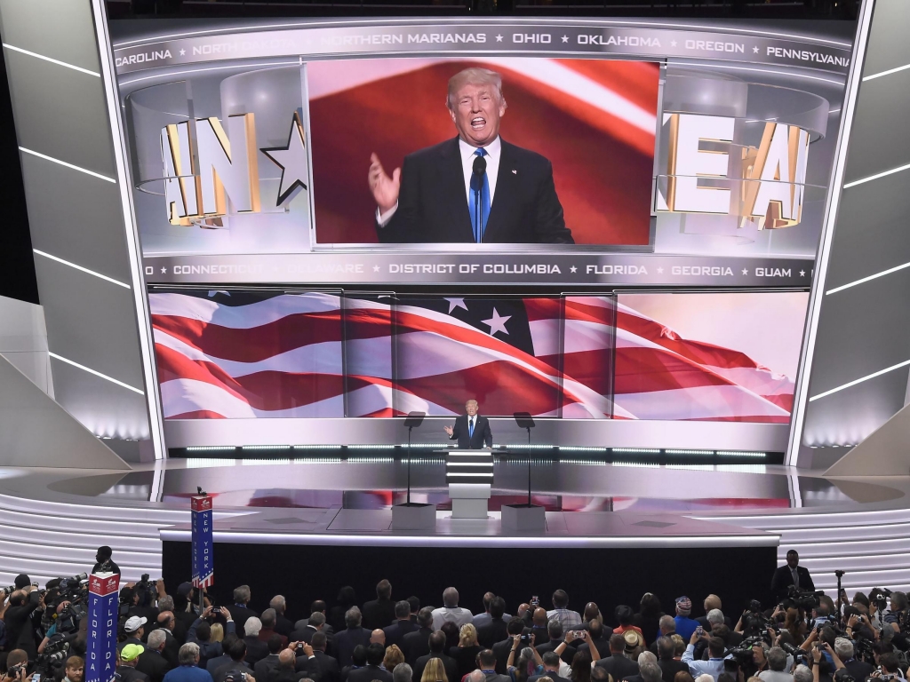 Republican presidential candidate Donald Trump introduces his wife Melania to delegates Monday night at the Republican National Convention in Cleveland. Trump formally received the nomination Tuesday in a roll call vote of the state delegations