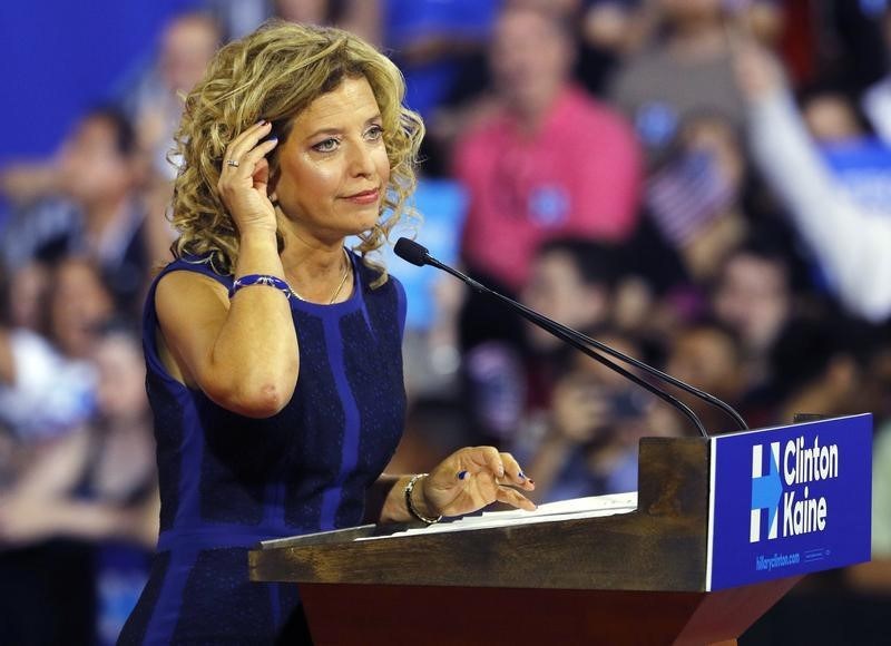 Democratic National Committee Chairwoman Debbie Wasserman Schultz speaks at a rally before the arrival of Democratic U.S. presidential candidate Hillary Clinton and her vice presidential running mate U.S. Senator Tim Kaine in Miami Florida U.S