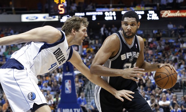 Duncan right squares up against Dirk Nowitzki and the Dallas Mavericks in this 2014 showdown