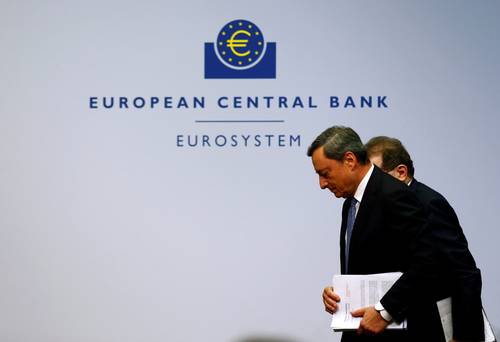 ECB president Mario Draghi and vice president Vitor Constancio leaving the news conference at the ECB headquarters in Frankfurt